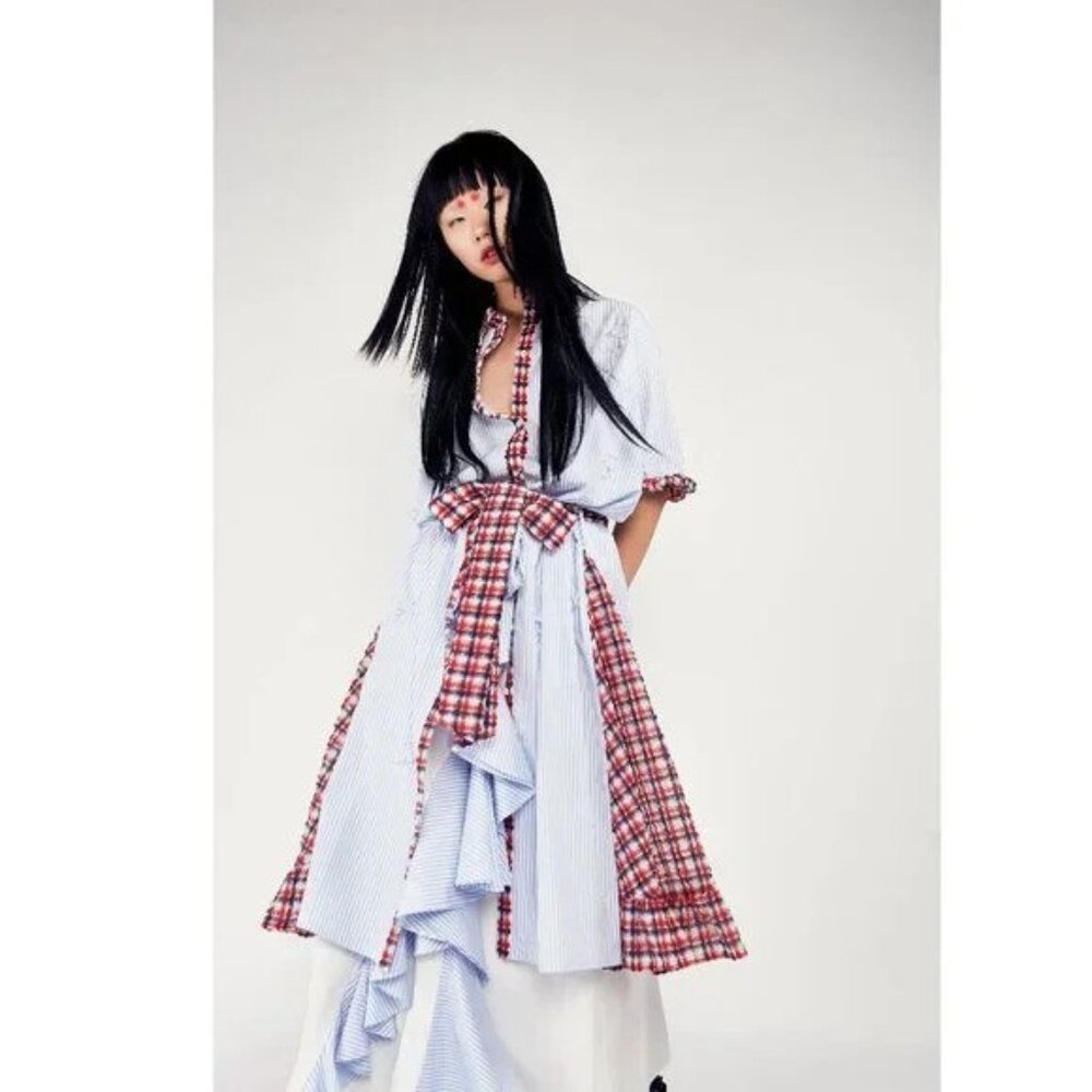 NEW I’m Isola Marras Blue Striped and Red Plaid Cotton Belted Shirt Dress P643
